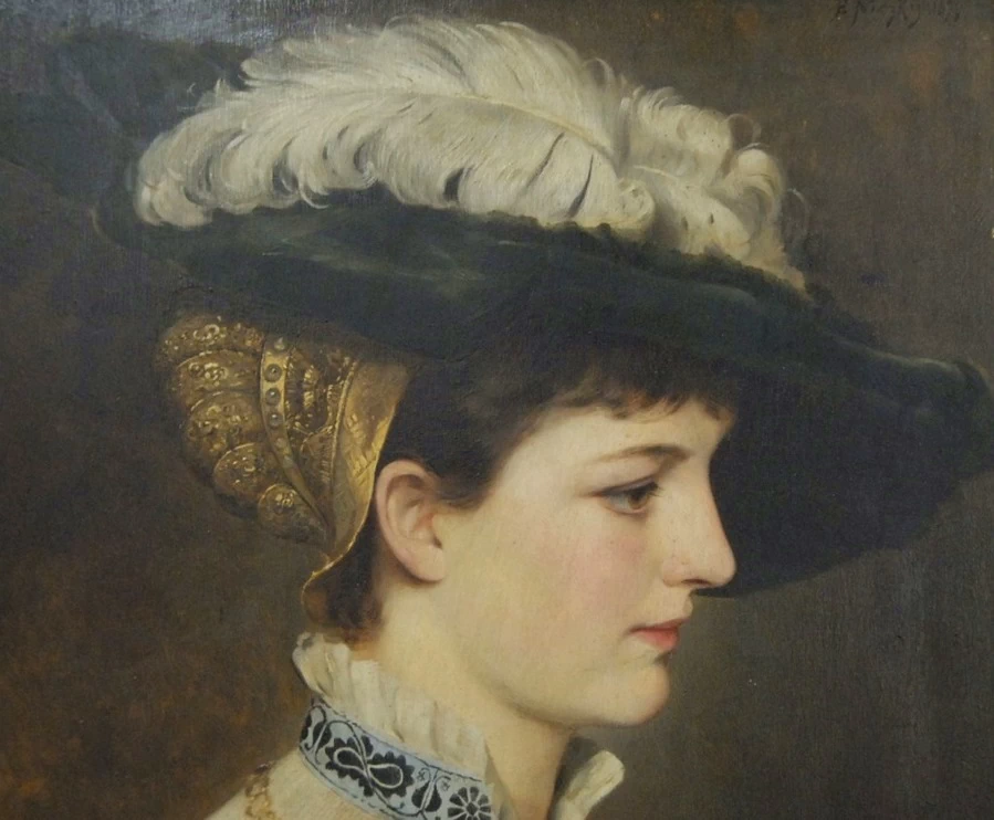 Eduard Niczky - Ritratto di donna con piuma sul cappello, dettaglio